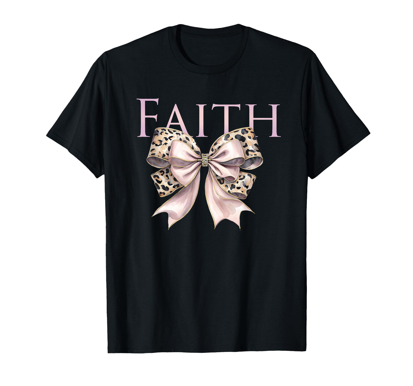 Faith Pink Bow Leopard Print Design T-Shirt