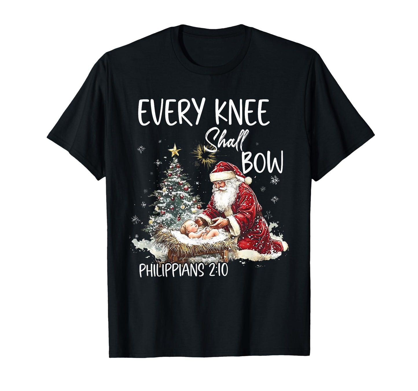 Vintage Every Knee Shall Bow Santa Clause Religious Xmas T-Shirt