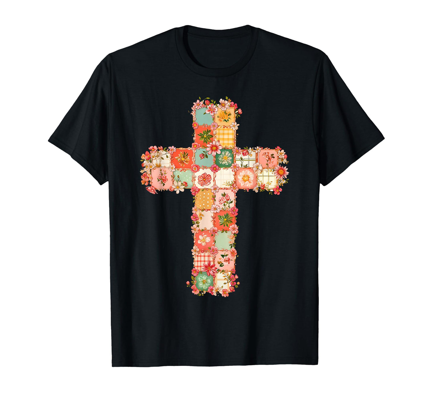 Vintage Christian Cross Floral Patchwork Religious Jesus T-Shirt