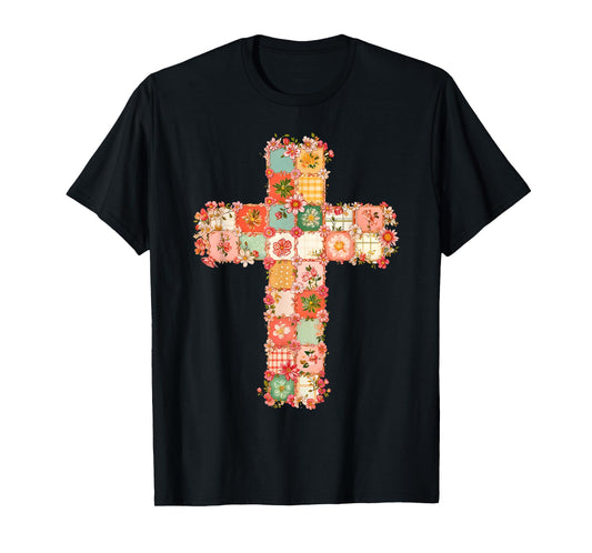 Vintage Christian Cross Floral Patchwork Religious Jesus T-Shirt