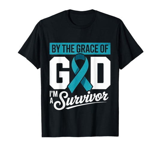 Ovarian Cancer Survivor By The Grace of God Teal Ribbon T-Shirt