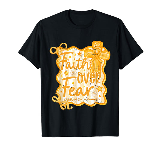 Retro Faith Over Fear Childhood Cancer Awareness Gold Ribbon T-Shirt