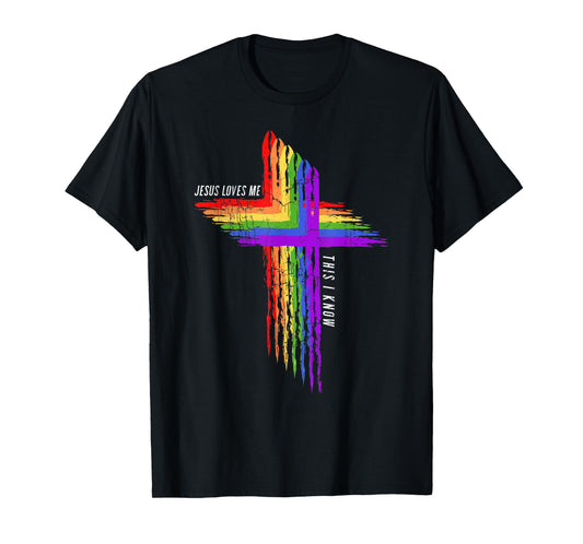 Vintage Retro Cross Jesus Loves Me LGBT Rainbow Christian T-Shirt