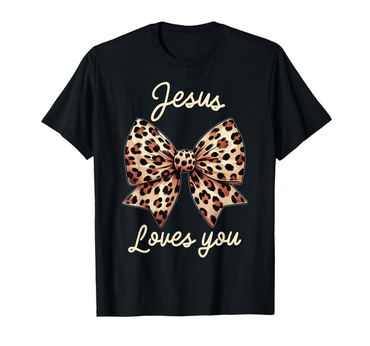 Cute Christian Design Leopard Coquette Bow Jesus Loves You T-Shirt