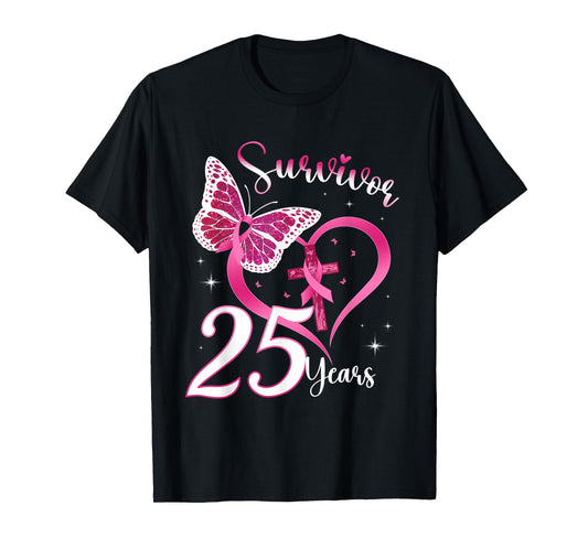 Breast Cancer Survivor Pink Ribbon Butterfly 25 Years Gift T-Shirt