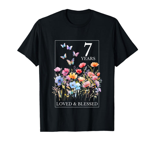 7 Years Loved Blessed Butterfly Flower Stamp 7th Birthday T-Shirt