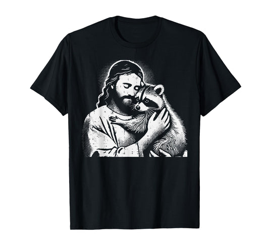 Christian Jesus Hugging Raccoon Animal Lover Men Women Kids T-Shirt