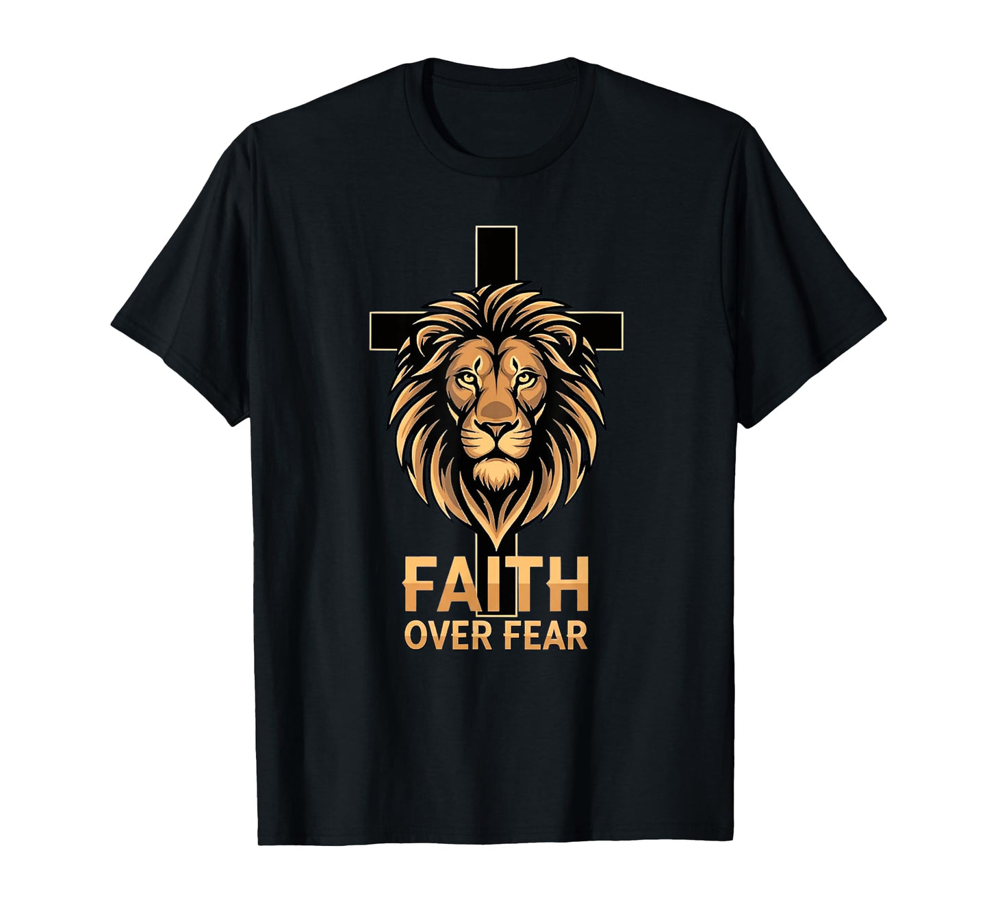 Christian Faith Overcomes Fear Cross Lion Design T-Shirt