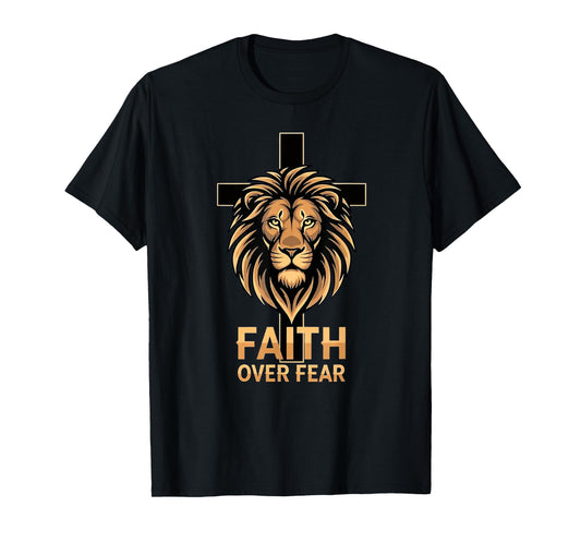 Christian Faith Overcomes Fear Cross Lion Design T-Shirt