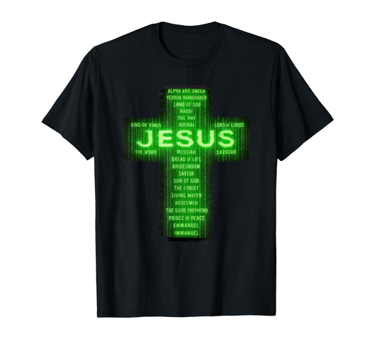 Christian Names of Jesus Cross Striking Digital Falling Code T-Shirt