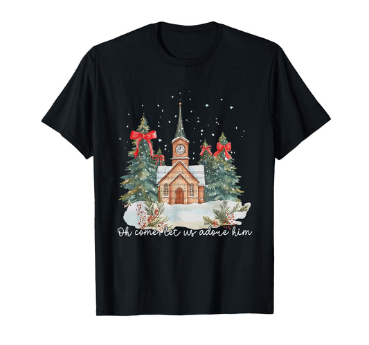 Vintage Oh Come Let Us Adore Him Coquette Xmas Pine Tree T-Shirt