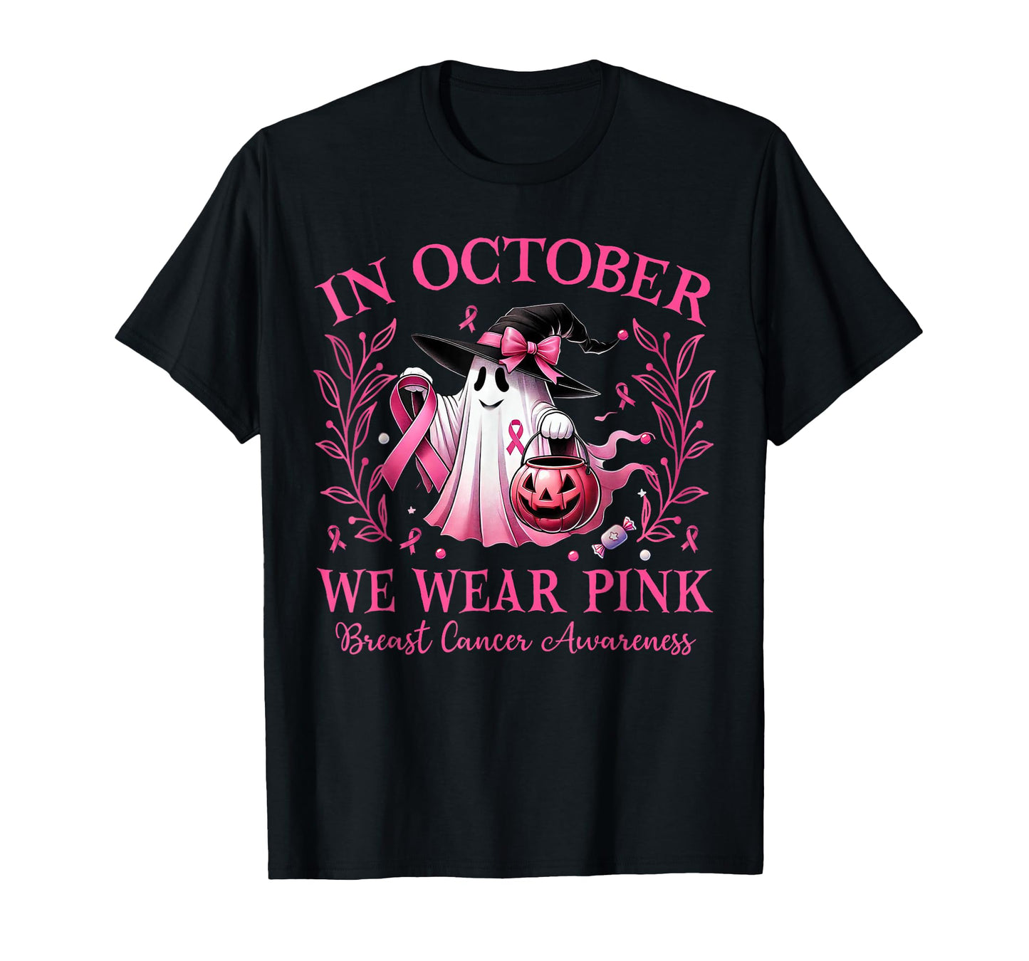 in October We Wear Pink Ghost Witch Breast Cancer Awareness T-Shirt