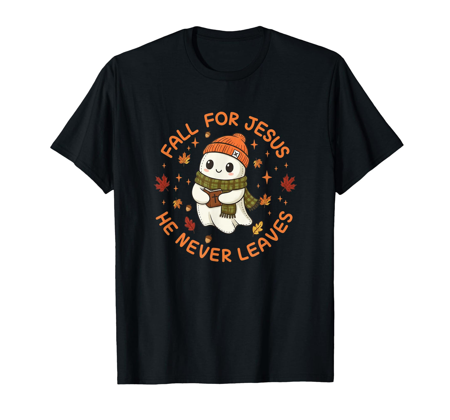 Fall for Jesus He Never Leaves - Christian Halloween T-Shirt