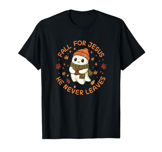 Fall for Jesus He Never Leaves - Christian Halloween T-Shirt