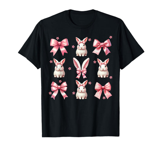 Girls Women Bunny Rabbit Coquette Pink Bow Happy Easter Day T-Shirt