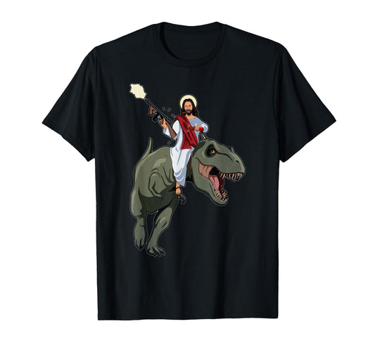 Gun Jesus Riding A T-rex Dinosaur Funny Christian Dino Lover T-Shirt