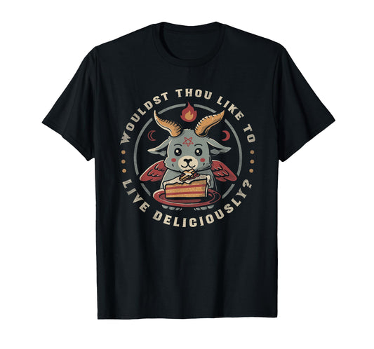Live Deliciously Cute Goat Satan Devil Foodie Funny Baphomet T-Shirt