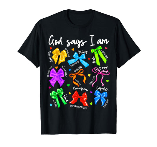 Retro God Says I Am Christian Bible Verse Coquette Bow Jesus T-Shirt