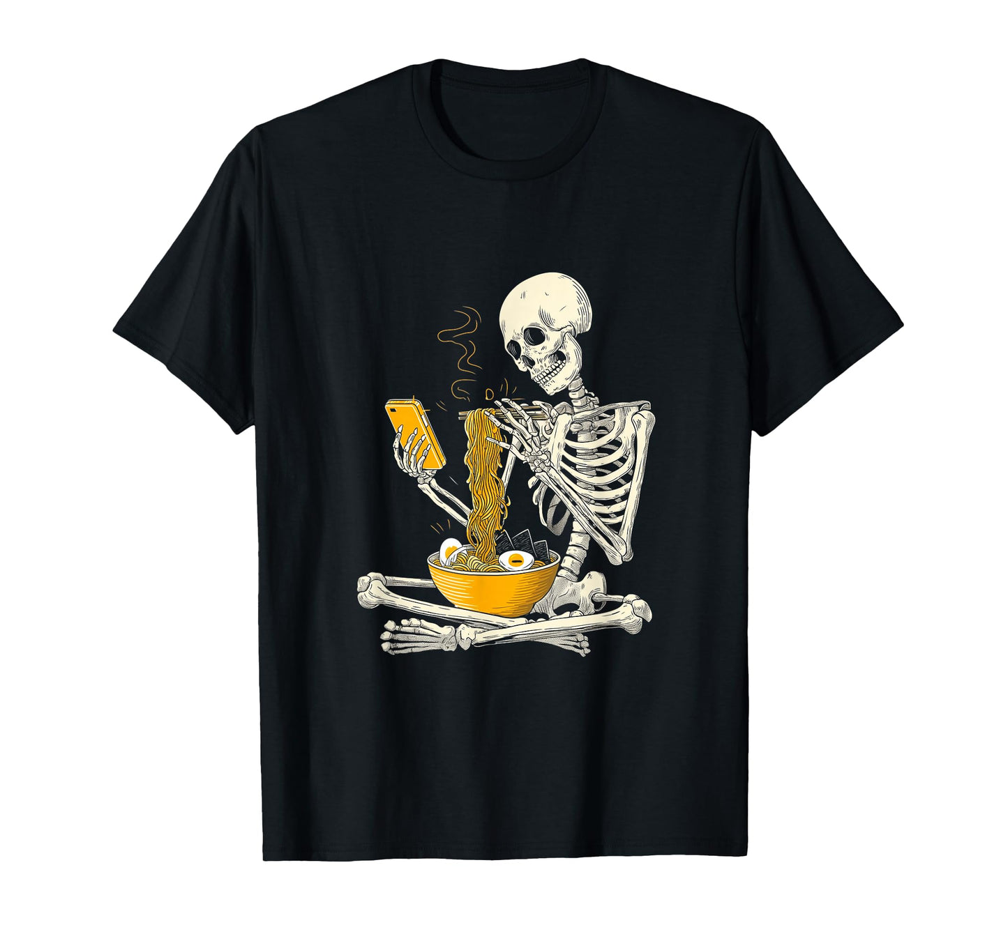 Funny Skeleton Eat Ramen Noodles Scroll Phone Halloween T-Shirt