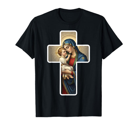 Saint Mary with Baby Jesus Christ Santa Maria Cross Icon T-Shirt