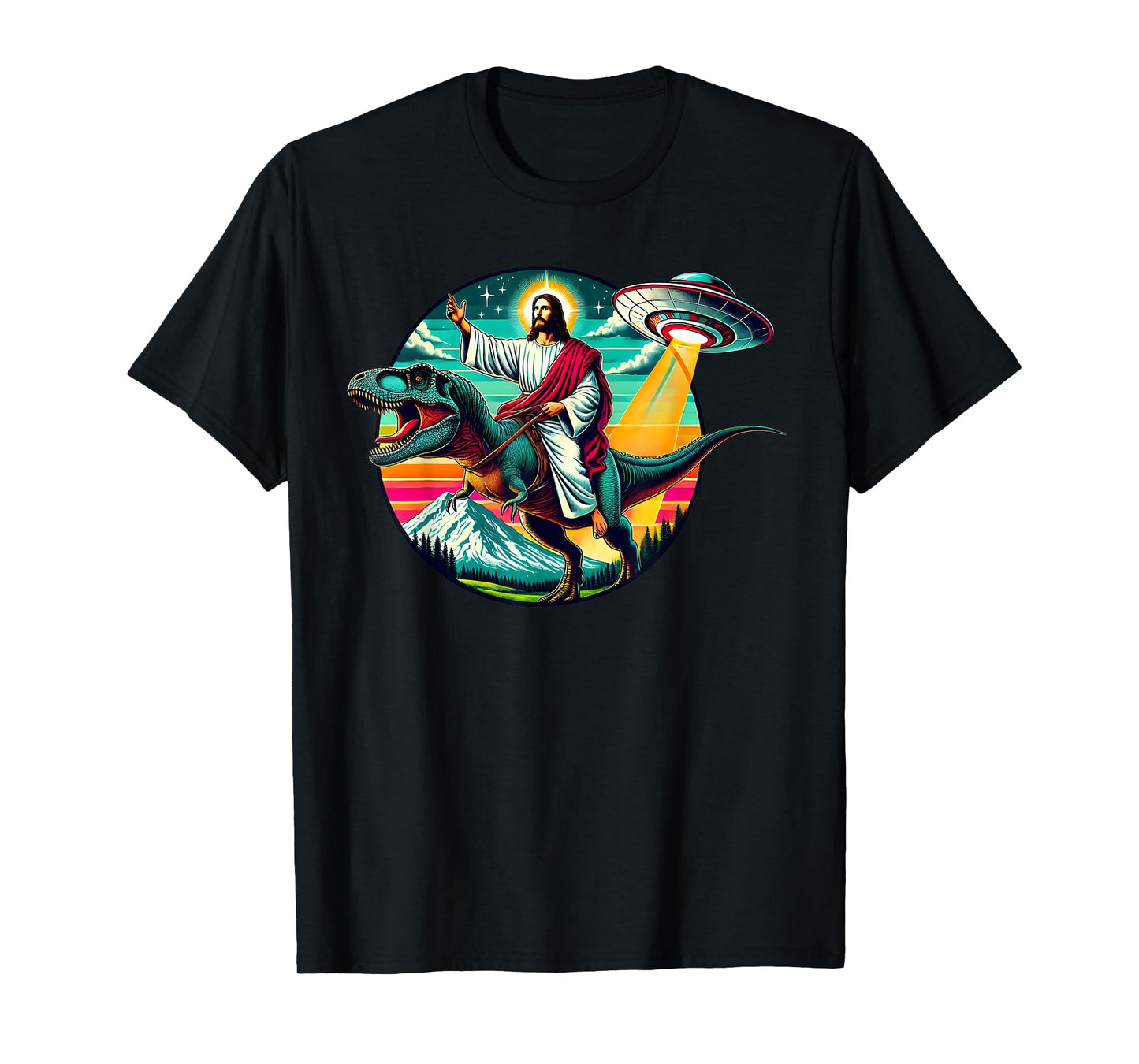 Jesus Riding Dinosaur UFO Alien Cross Religious Retro God T-Shirt