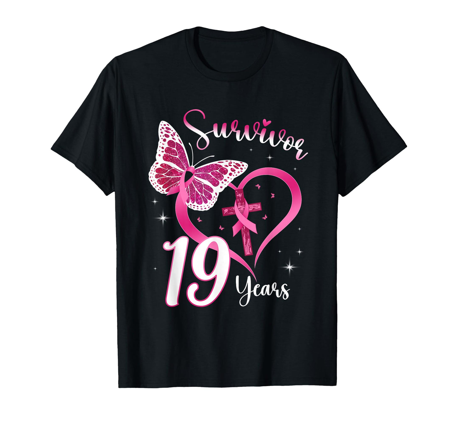 Breast Cancer Survivor Pink Ribbon Butterfly 19 Years Gift T-Shirt