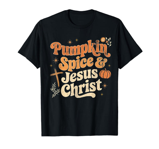 Retro Pumpkin Spice and Jesus Christ Fall Vibes Halloween T-Shirt