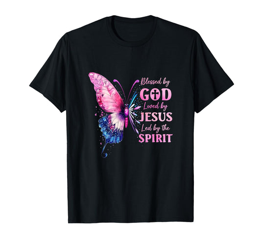 Blessed By God Loved By Jesus Pink Butterfly Christian T-Shirt