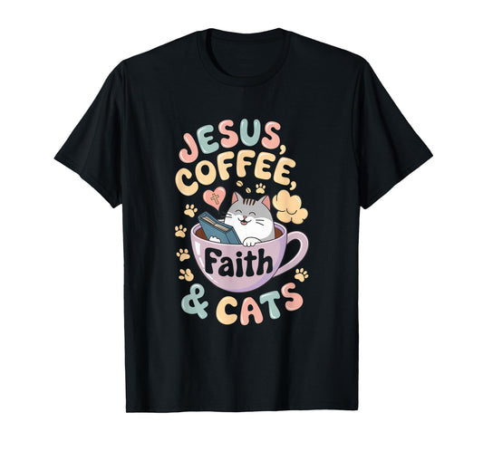 Jesus Coffee Cats Funny Cute Design Jesus Lovers Christian T-Shirt