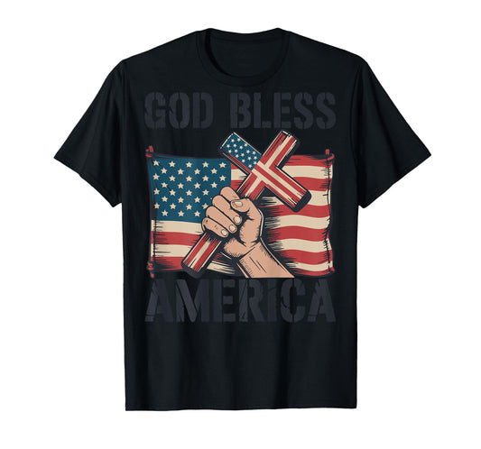 Mens God Bless American Flag Christian Patriotic Cross Jesus T-Shirt
