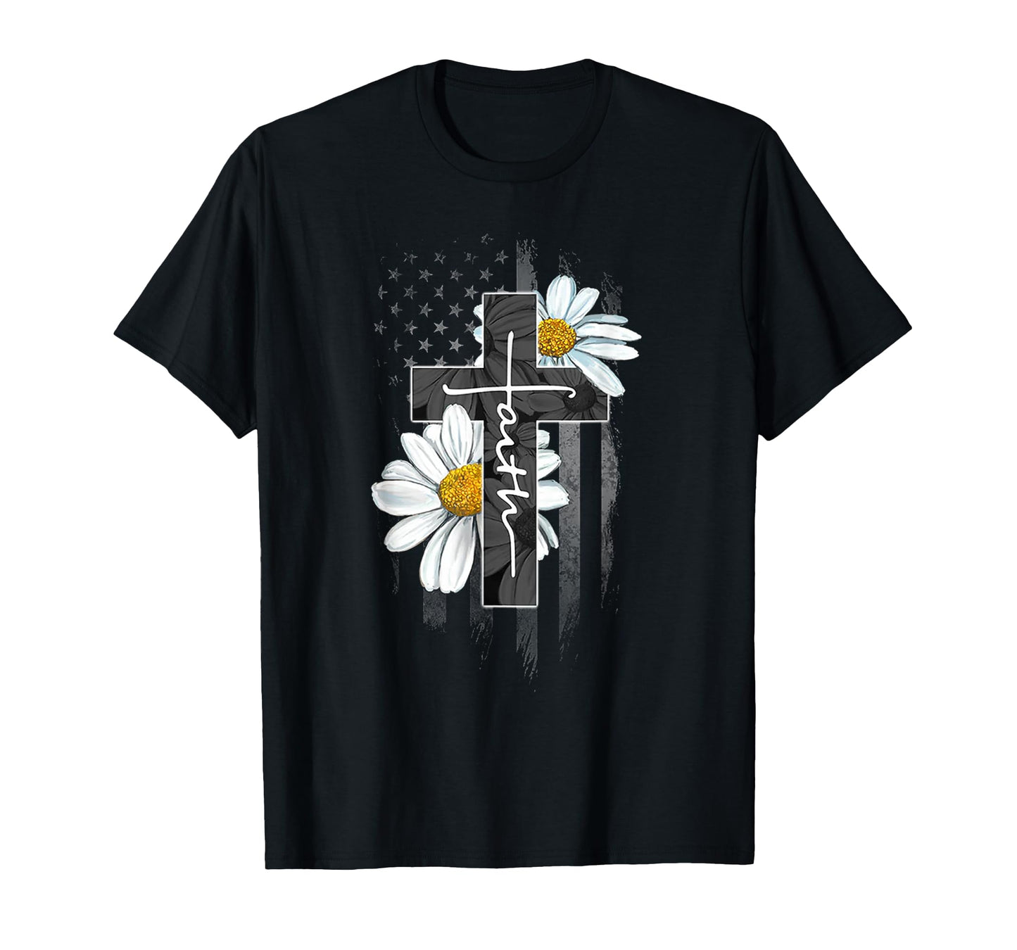 Faith Cross Christian Daisy Flower American Flag T-Shirt for Women Men