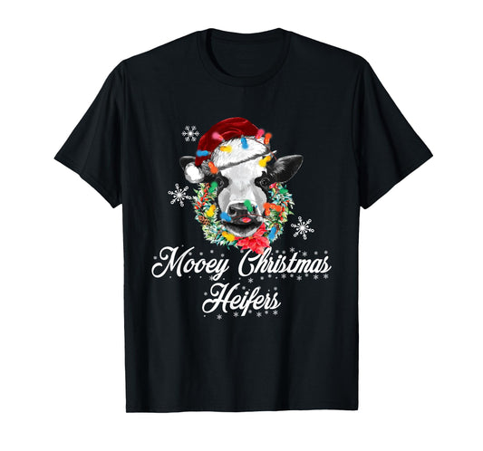 Mooey Christmas Heifers Santa Cow Christmas Lights Funny T-Shirt