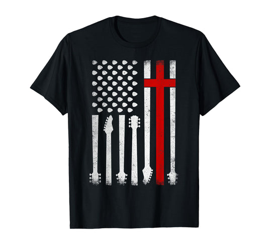 Vintage Guitar Cross US Flag Patriotic Christian Worship Women Kids Men T-Shirt