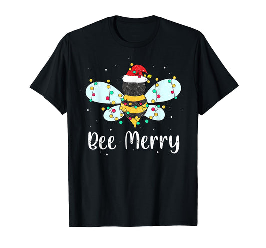 Bee Merry Christmas Cute Bee Xmas Lights Family Matching T-Shirt