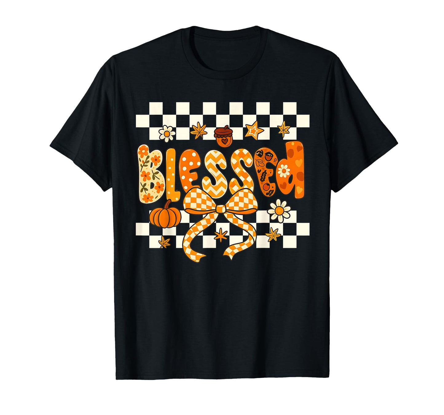 Blessed Checkerboard Pumpkin Autumn Christian Fall Thankful T-Shirt