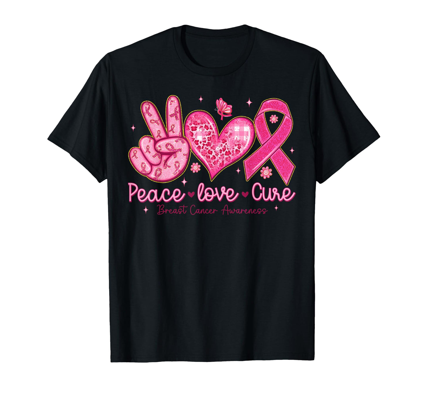 Breast Cancer Awareness Pink Ribbon Peace Love Cure Faith T-Shirt