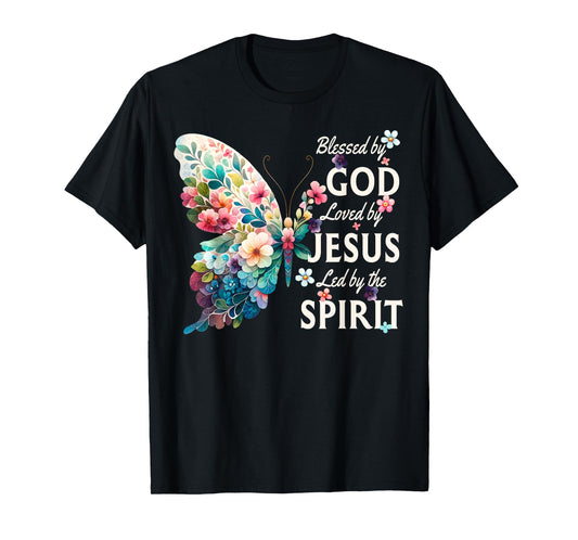 Blessed by God Loved by Jesus Floral Butterfly Christian T-Shirt