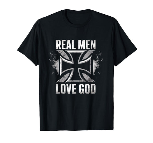 Retro Christian Cross Real Men Love God Design T-Shirt