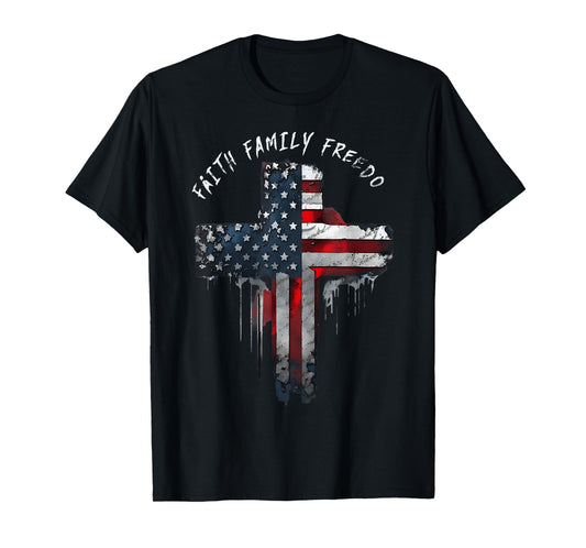 Faith Family Freedom Patriotic Cross With American Flag T-Shirt