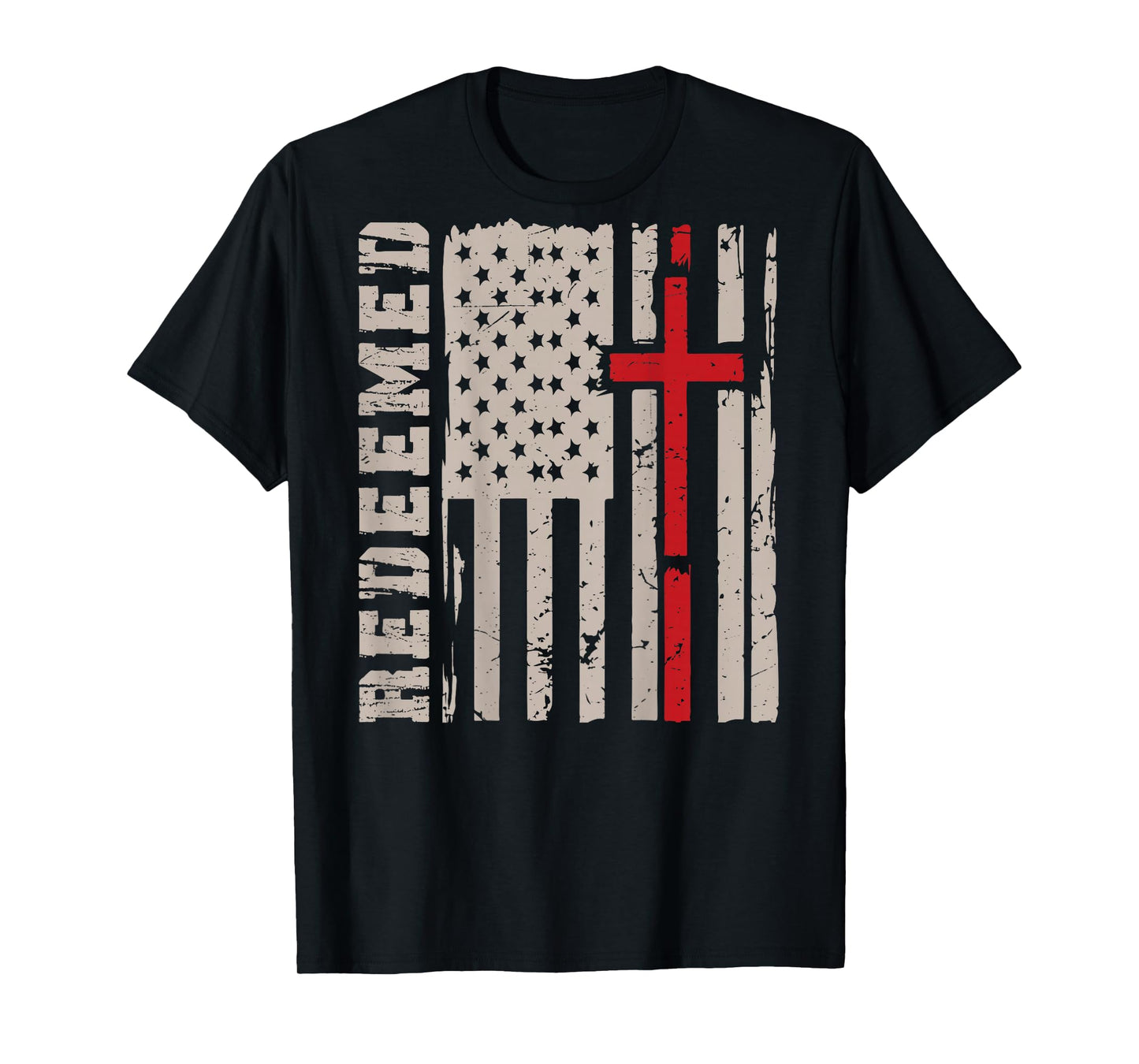 On-Back Redeemed Patriotic Christian Faith USA Flag Cross T-Shirt