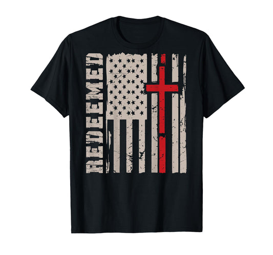 On-Back Redeemed Patriotic Christian Faith USA Flag Cross T-Shirt