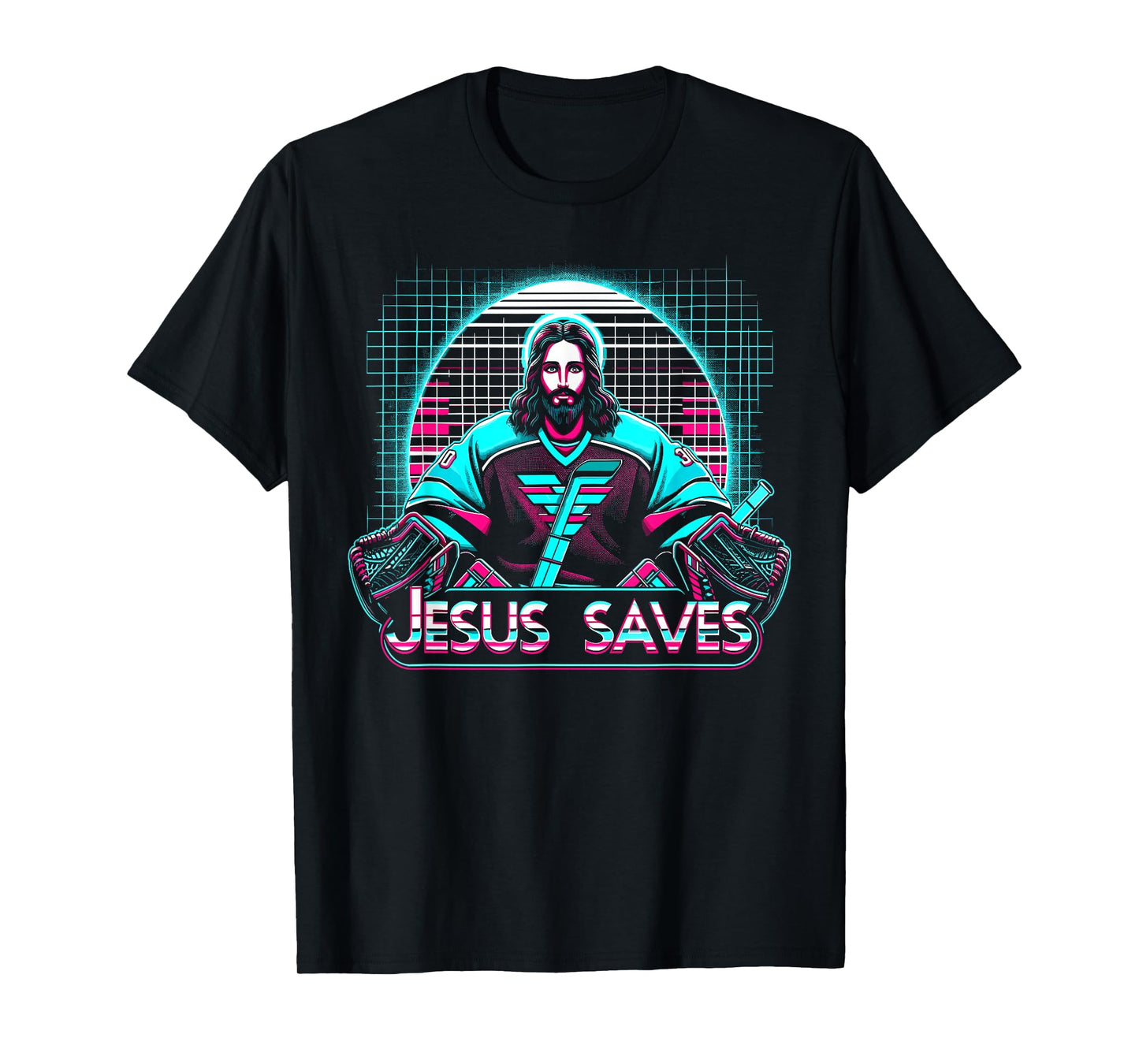 Vaporwave Jesus Saves Ice Hockey Goalie T-Shirt