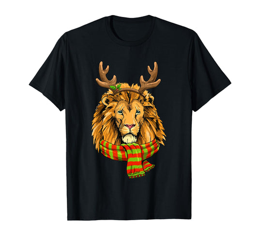 Christmas Lion Head Reindeer Xmas Wildlife Animal Face T-Shirt
