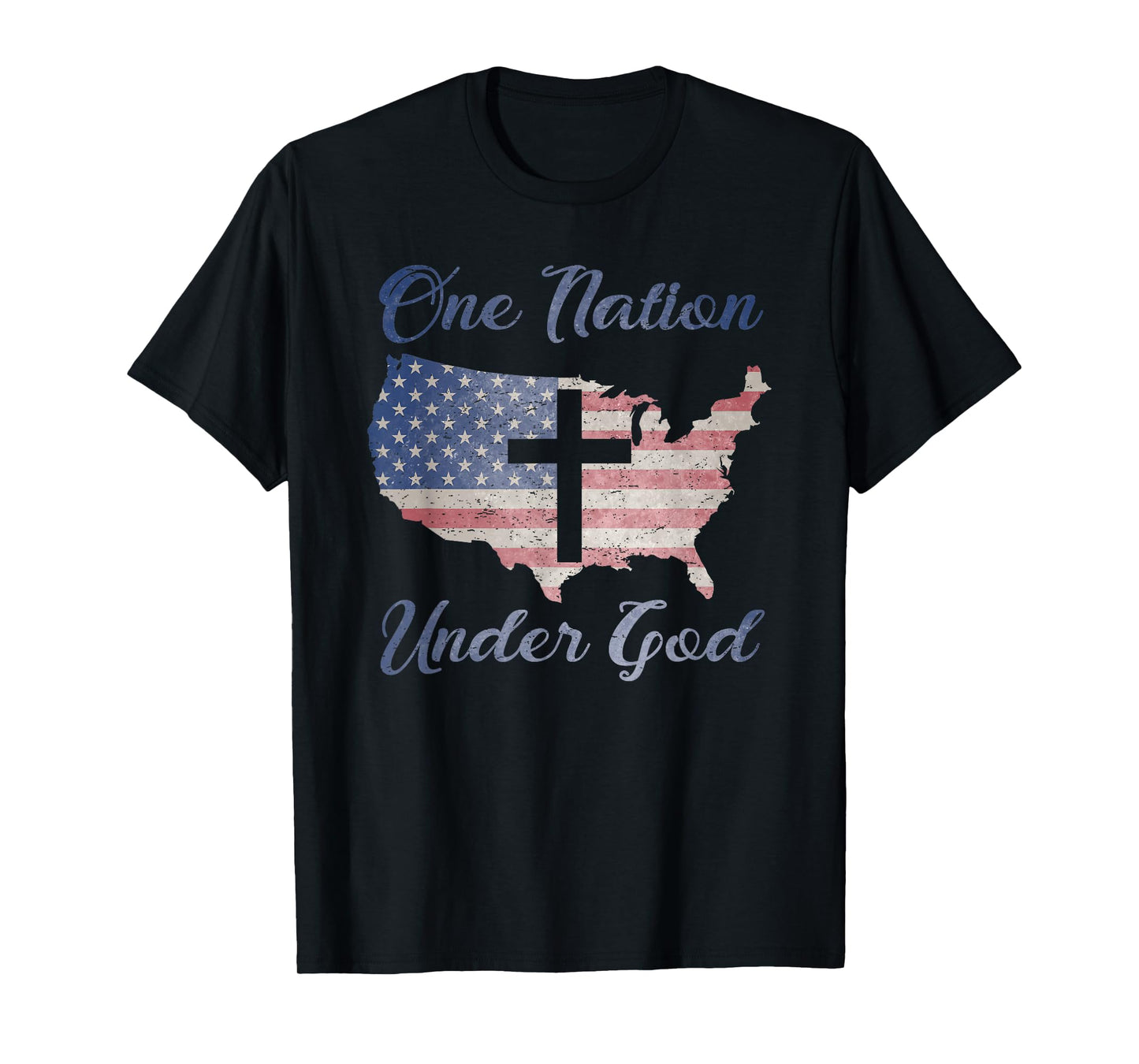 ONE NATION UNDER GOD Christian Cross American Flag USA Map T-Shirt