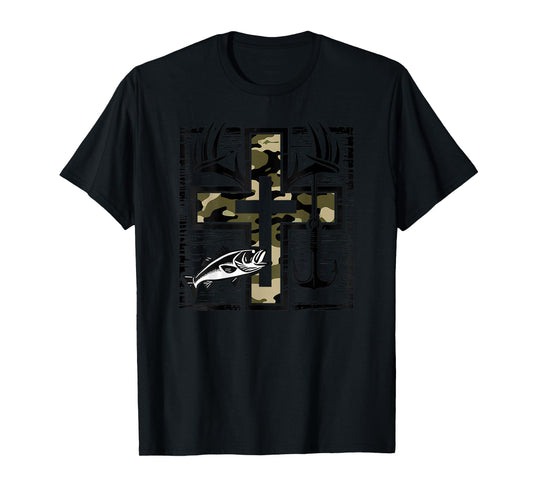 Hunting Fishing Cross Camo Faith Christian Fisherman (Back) T-Shirt