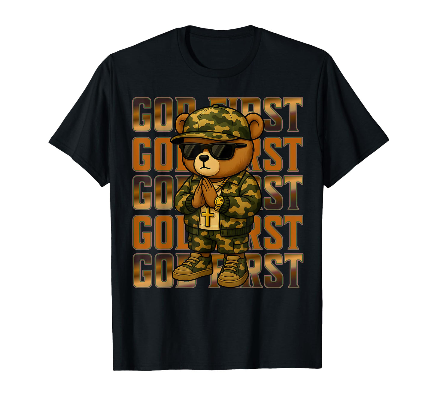 God First Camo Hip Hop Teddy Bear Christian Streetwear Men's T-Shirt