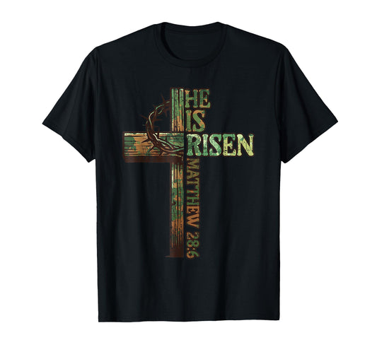 Vintage Camo Cross He Is Risen Jesus Christian Religious T-Shirt