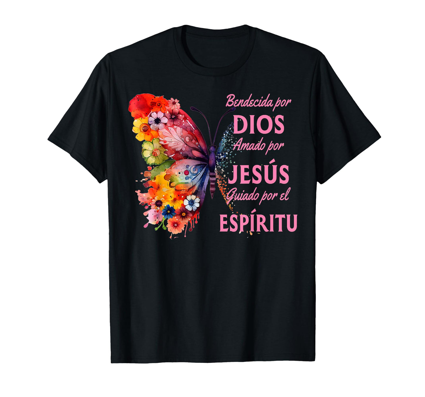 Blessed By God Loved By Jesus Butterfly In Spanish T-Shirt