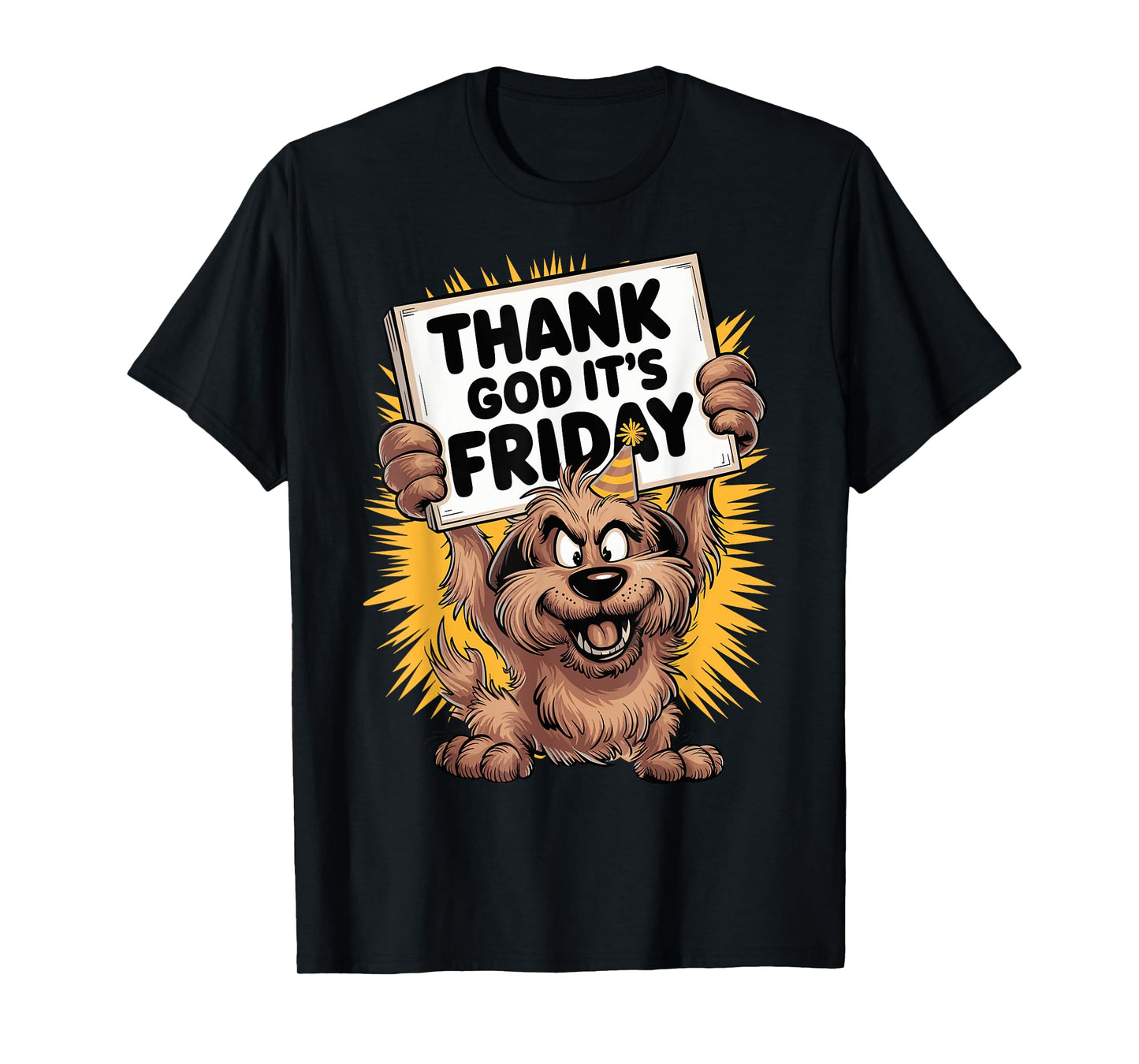 Thank God It's Friday Cheerful Dog Cartoon Design T-Shirt
