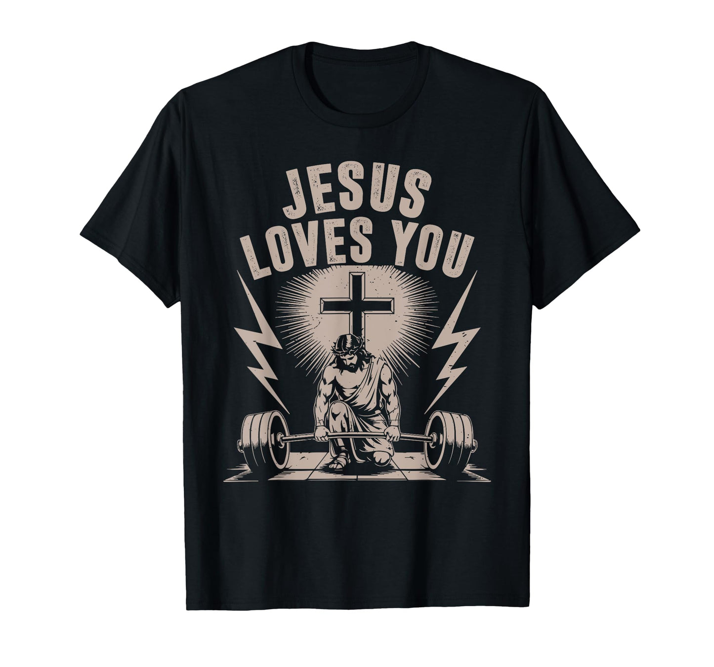 Jesus Loves You Funny Christian Workout Gym Barbell Cross T-Shirt